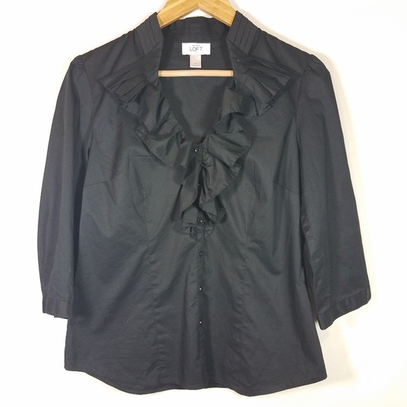 LOFT Tops - LOFT Black Ruffle Front Button Down Career Top